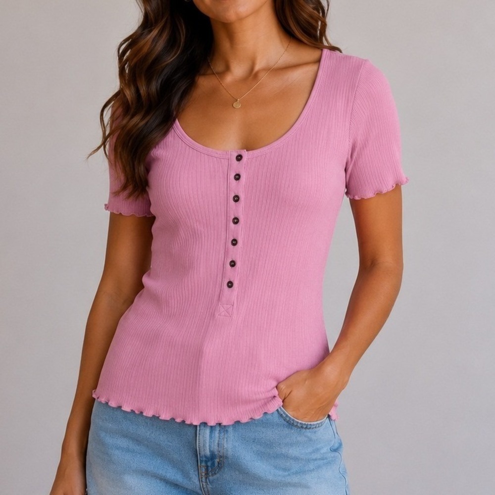 Sundance Rib Knit Henley Top Medium Pink Cotton Blend 3/4 Sleeve Boho Tee